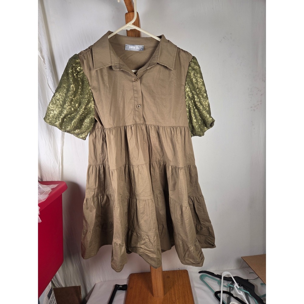 Blue B Collection Sequin Sleeve Tiered Babydoll Dress Olive Brown Small 32490D